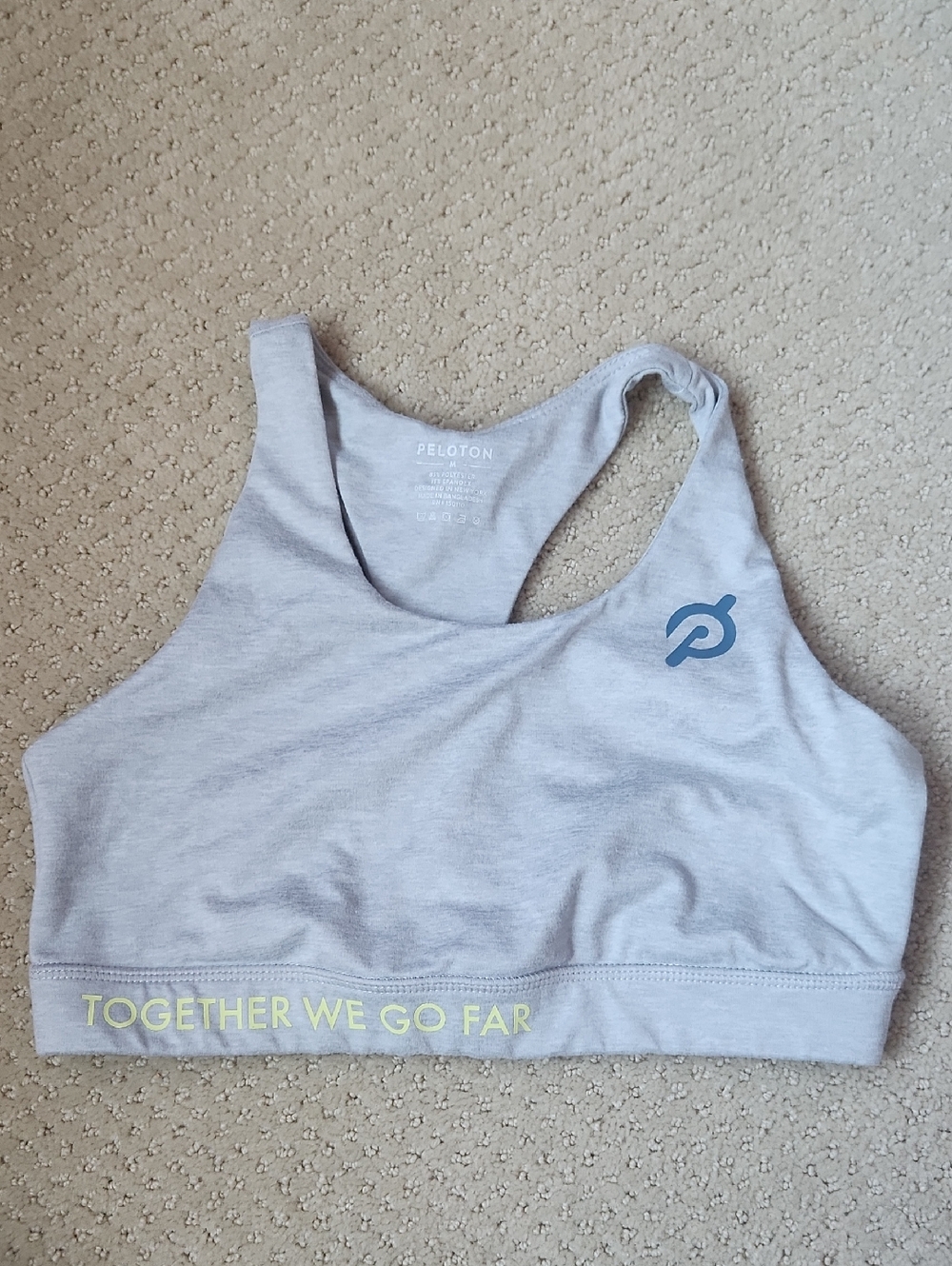 Peloton Light Gray Sports Bra with Blue Logo and Yellow Accent
